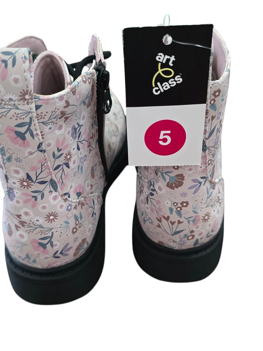 Art Class Girls Floral Combat Boots Size 5 NWT Pink Lace-Up Side Zip Boots